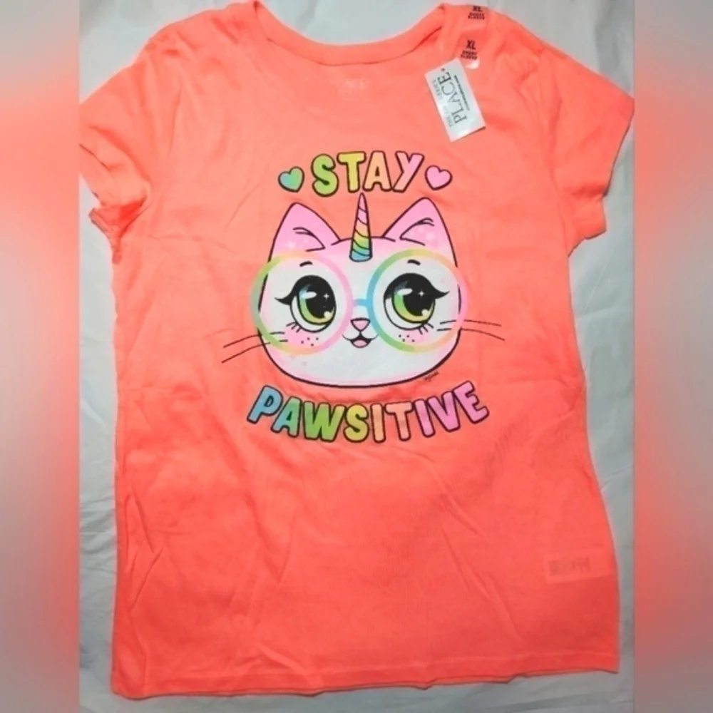 The Children's Place Rainbow Stay Pawsitive Kitty Short Sleeve Shirt- 14/16